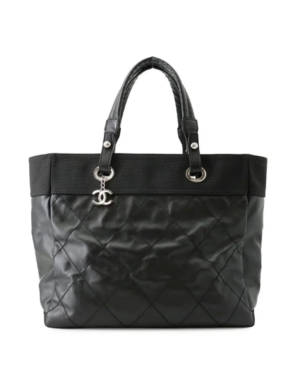 Chanel Tote Quilted Paris Biarritz MM Coco Charm Black